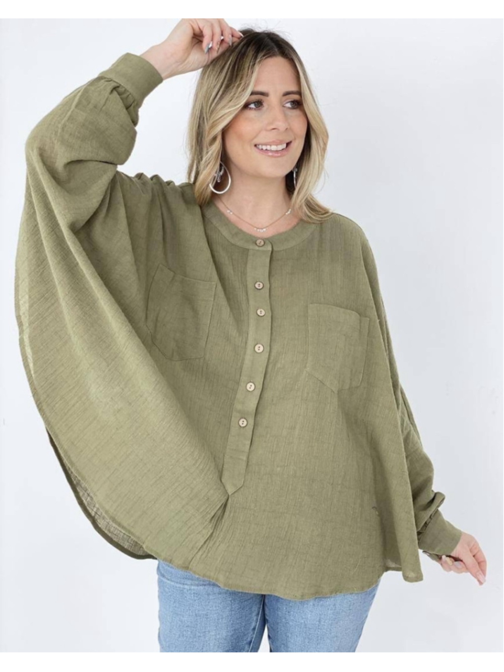 Easel Boho Cotton Blouse Size L Olive Green Gauze Peplum Top Long Sleeve